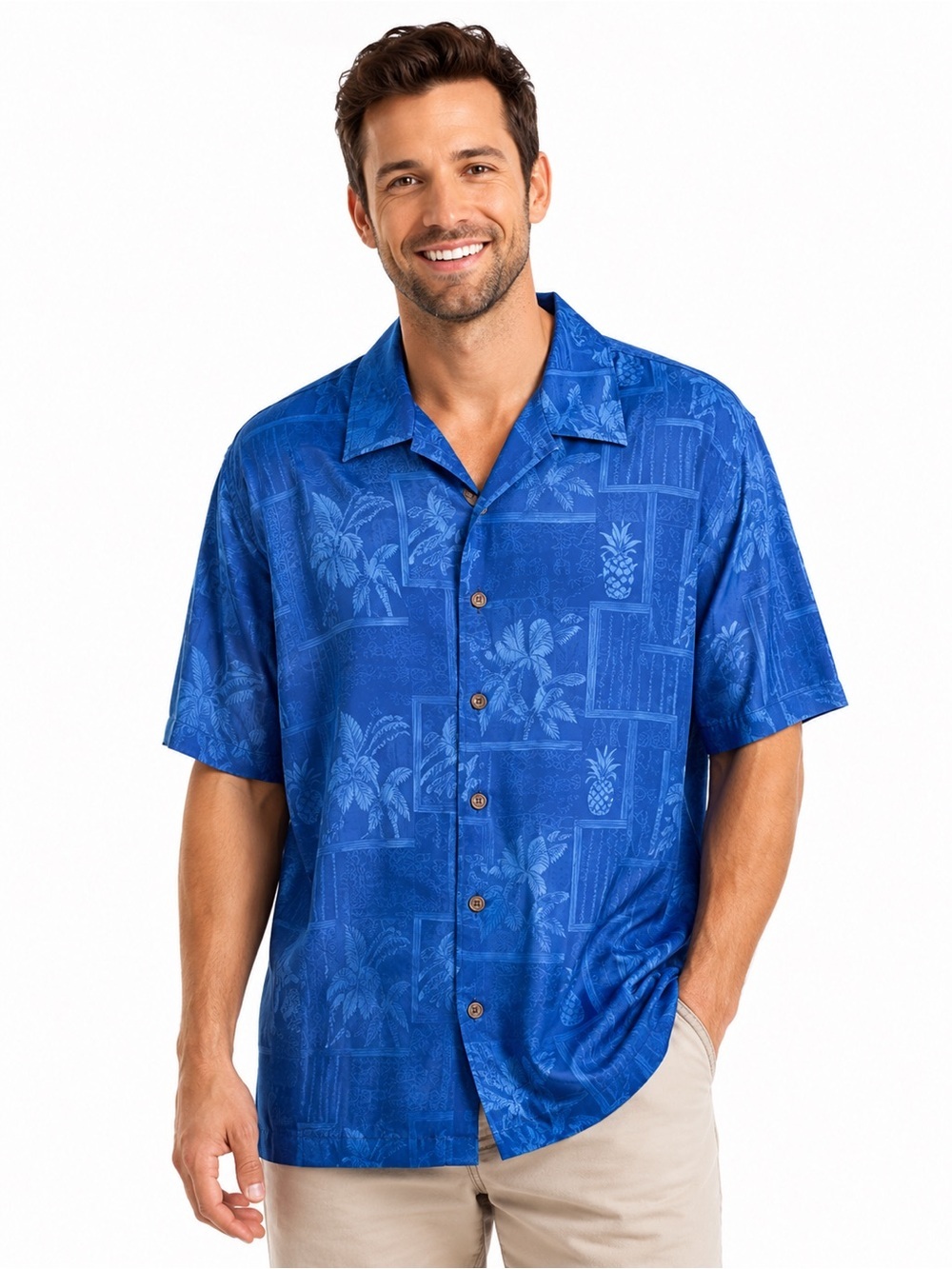Vintage Jamaica Jaxx 100% Silk Hawaiian Camp Shirt Blue Jacquard Men’s L